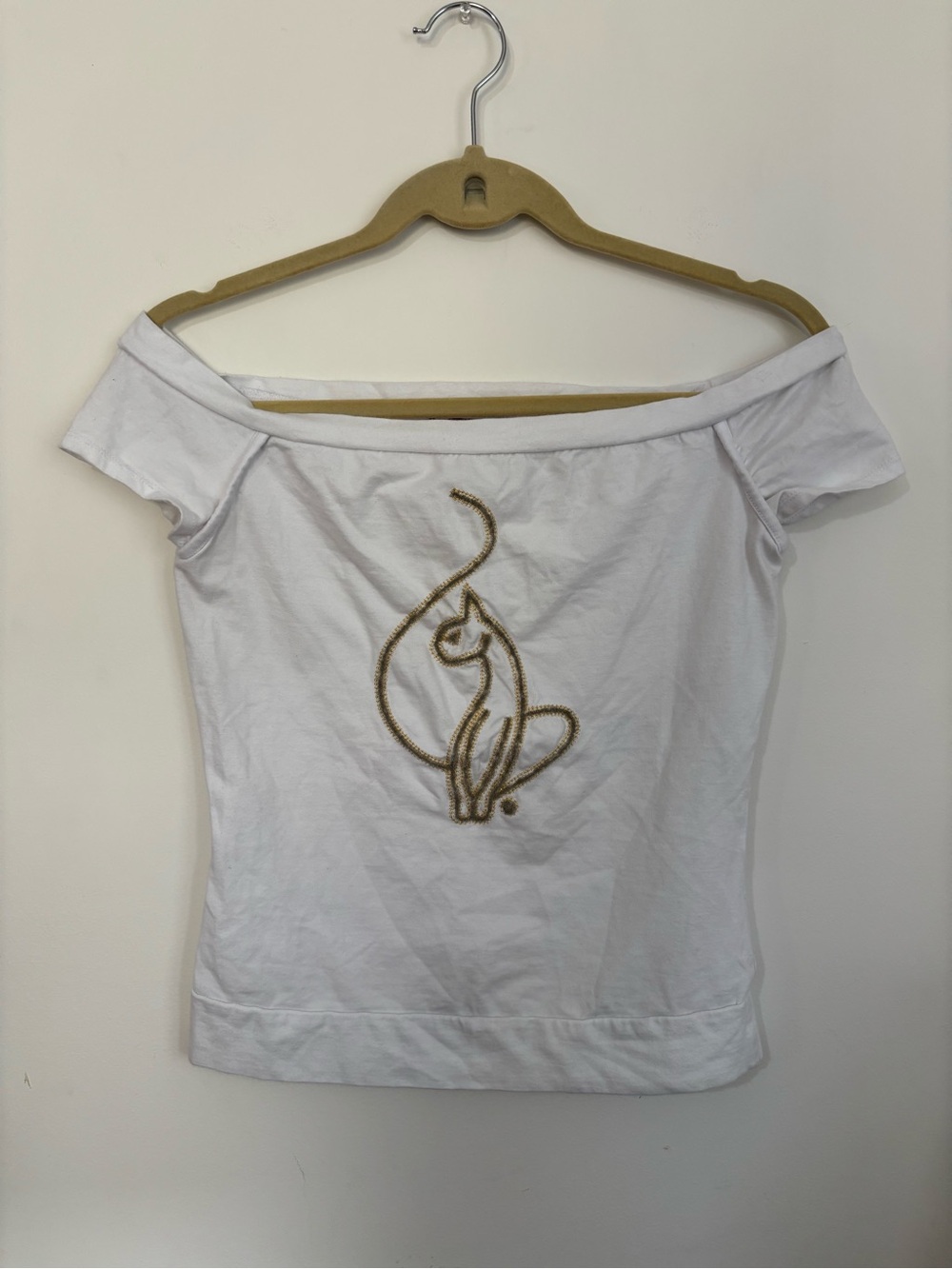 Baby Phat White Off-Shoulder Embroidered Cat Graphic Top